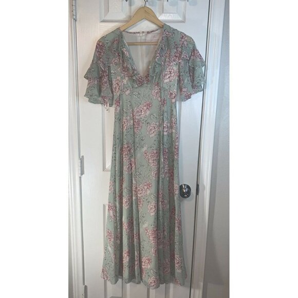 Gal Meets Glam Shelby Green Pink Flower Ruffled Spring Maxi Dress Size XXS - Picture 3 of 10